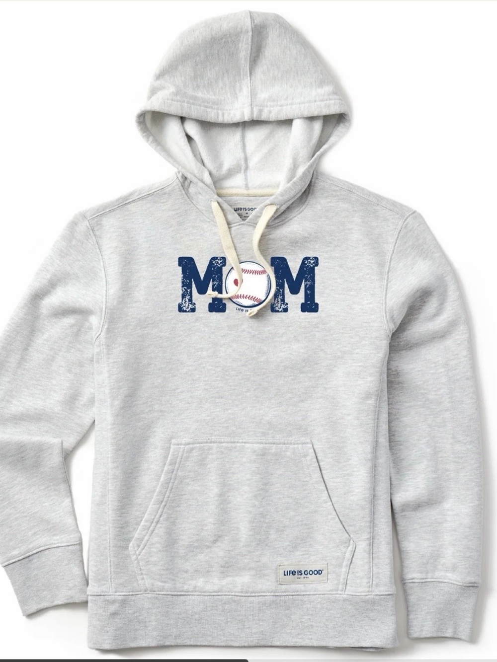 Life Is Good grey Hoodie with Navy 'MOM' Baseball Graphic and Red Heart Accent